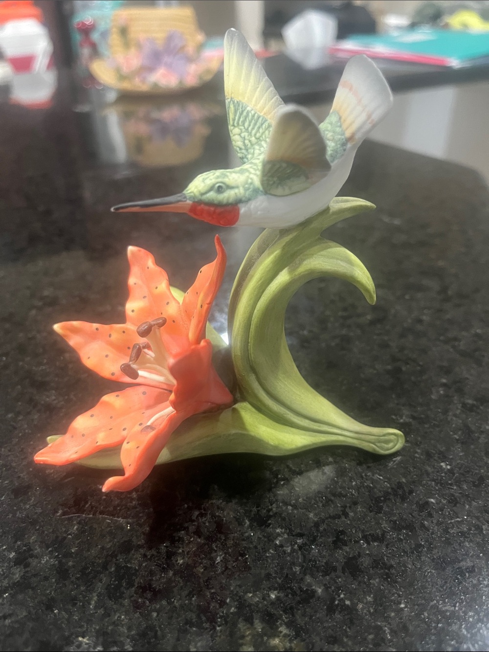 Lefton Green and Orange Hummingbird with Orange Lily Figurine